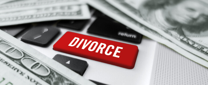A calculator with the word divorce surrounded by money