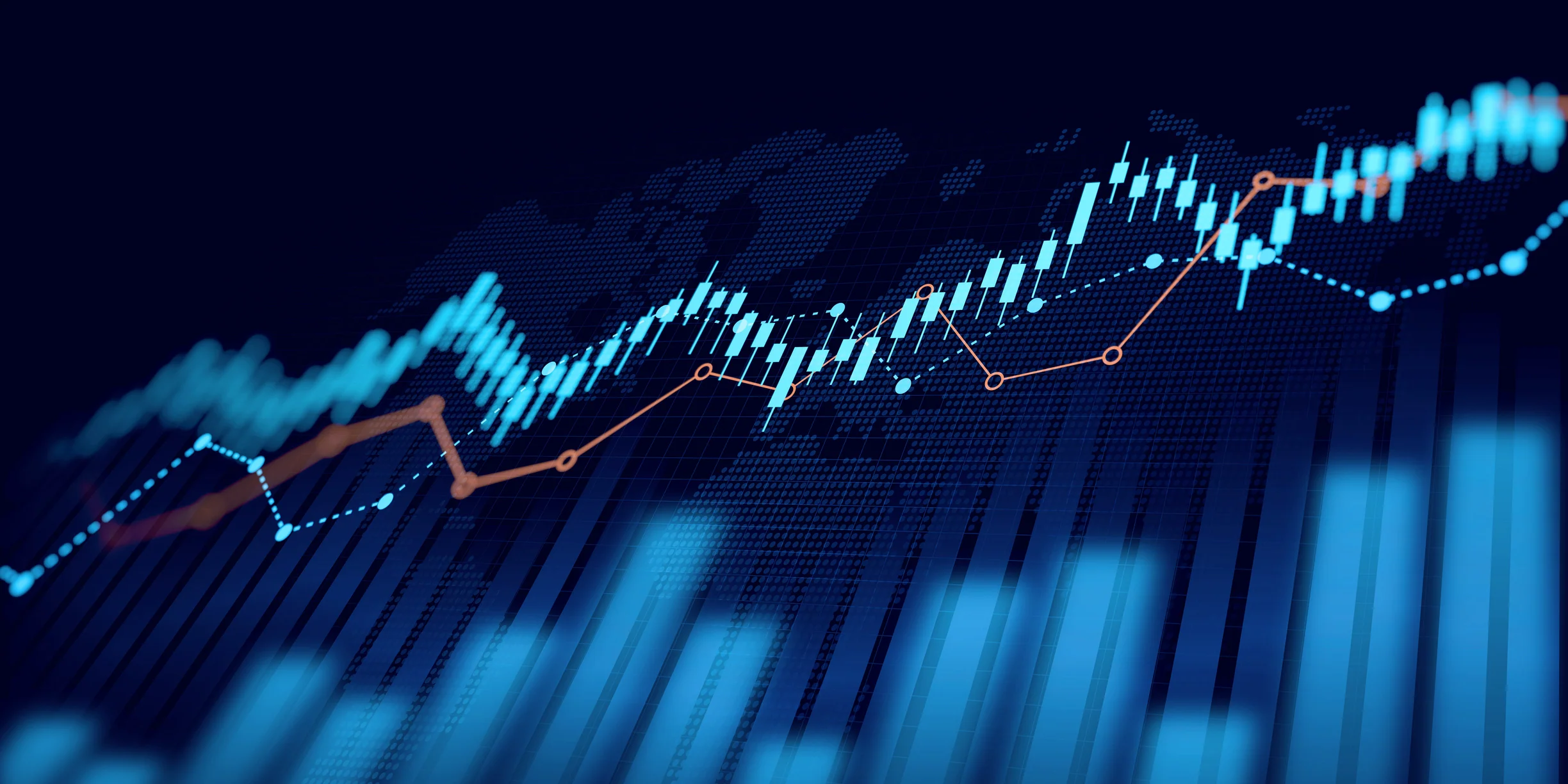 "Financial data analysis with stock market chart and candlestick graph."
